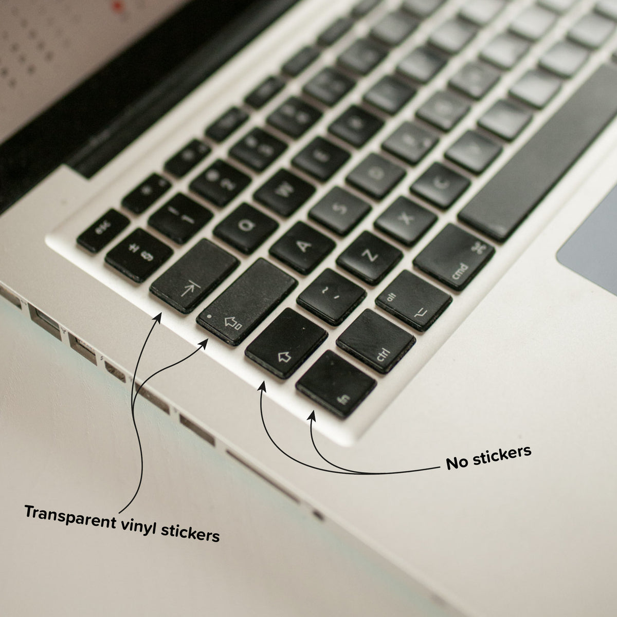 Keyshorts transparent keyboard stickers - comparison before and after