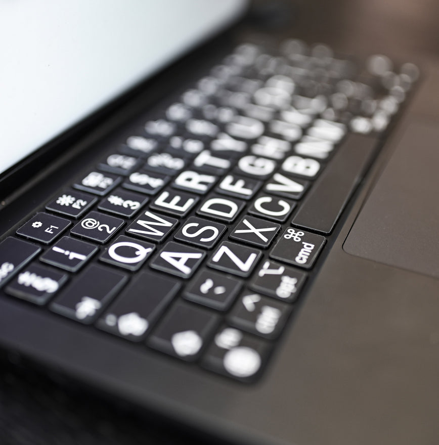 Large Letters Keyboard Stickers for Better Vision Access Black Background White Letters 1