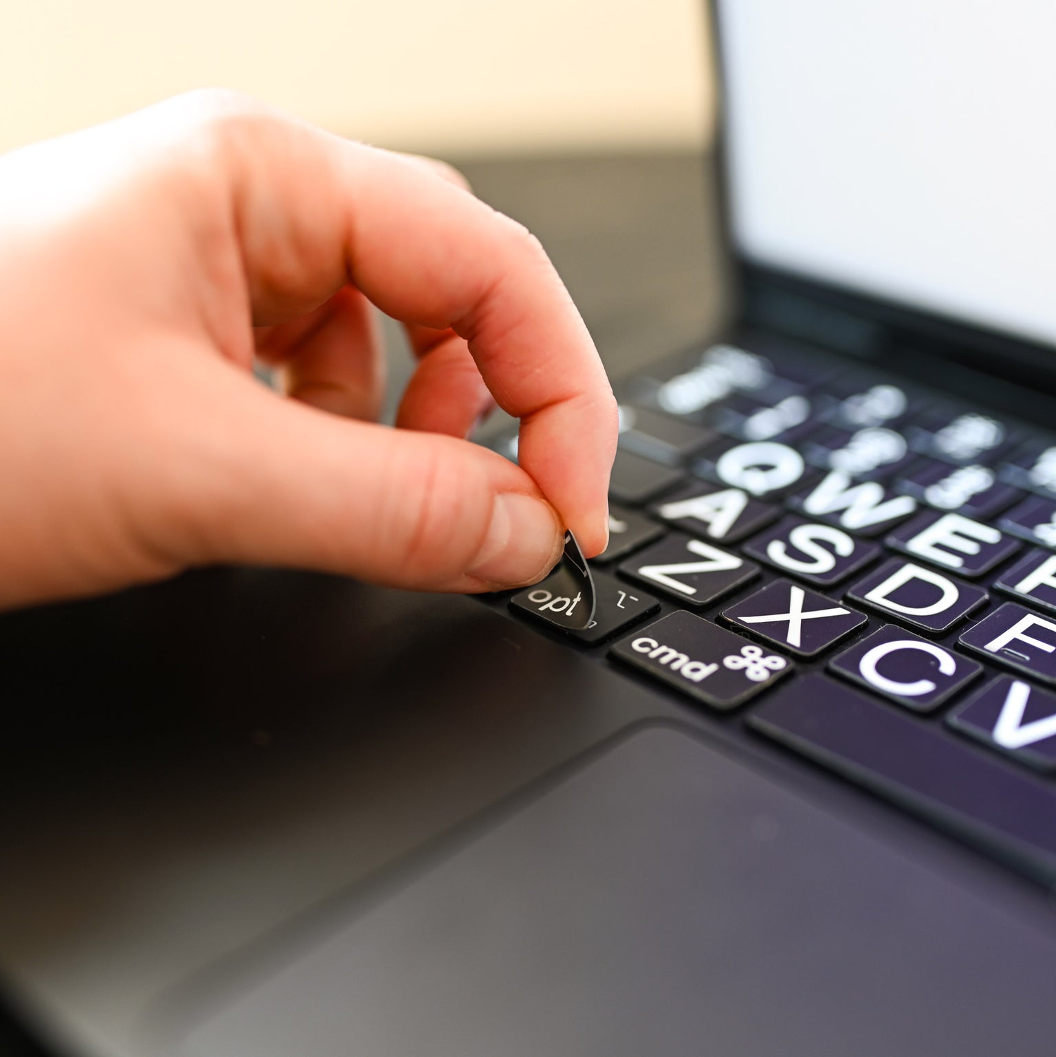 Large Letters Keyboard Stickers for Better Vision Access Black Background White Letters Details