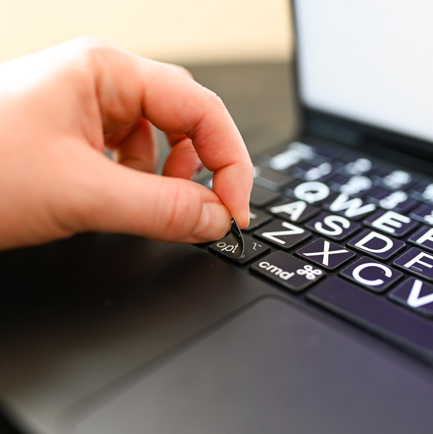Large Letters Keyboard Stickers for Better Vision Access Black Background White Letters Details