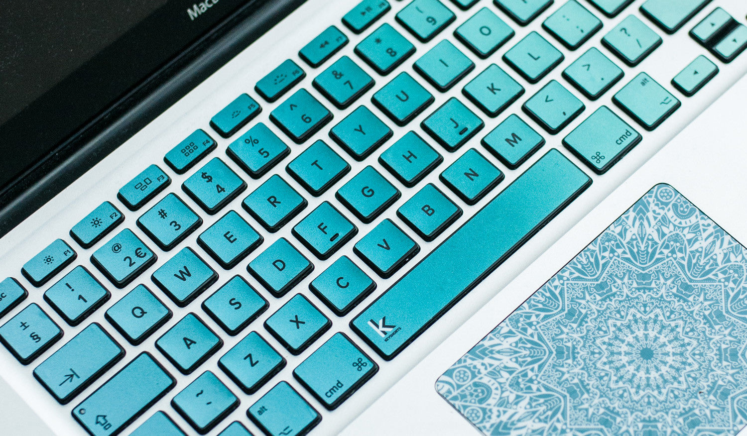 Metallic Blue Green Ombre MacBook Keyboard Stickers closeup