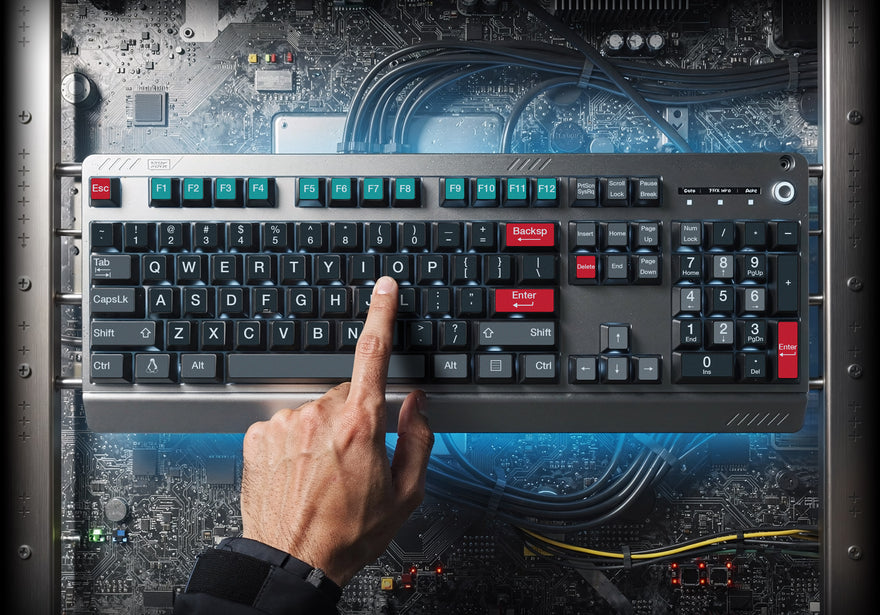 Data-center keyboard with keyboard stickers with large print and color-coded function keys